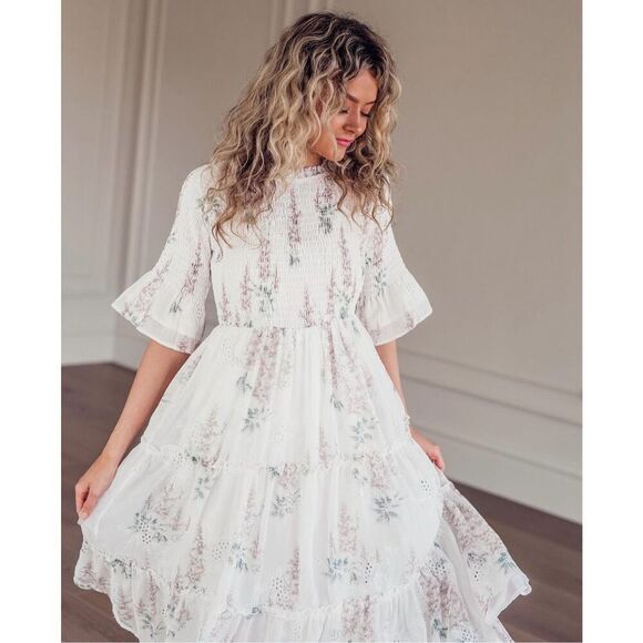 JessaKae Collection Wandering Willoughby Midi Dress in White Lavender Medium - Picture 1 of 8